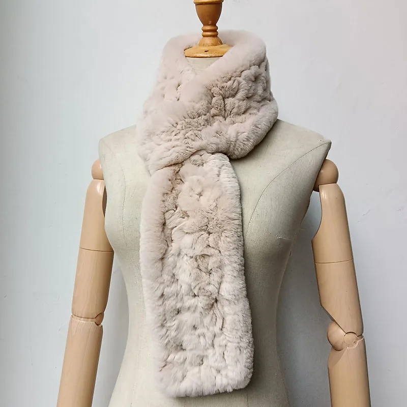 Women Autumn Knitted Real Rex Rabbit Fur Scarf Warm Fashion Fluffy Female Thick Scarves Long Genuine Rabbit Fur Neck Warmer