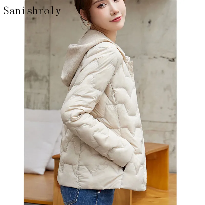 Women Light White Duck Down Coat Parka 2021 Autumn Winter Ladies Button Knitted Patchwork Hooded Jacket Fashion Short Outwears