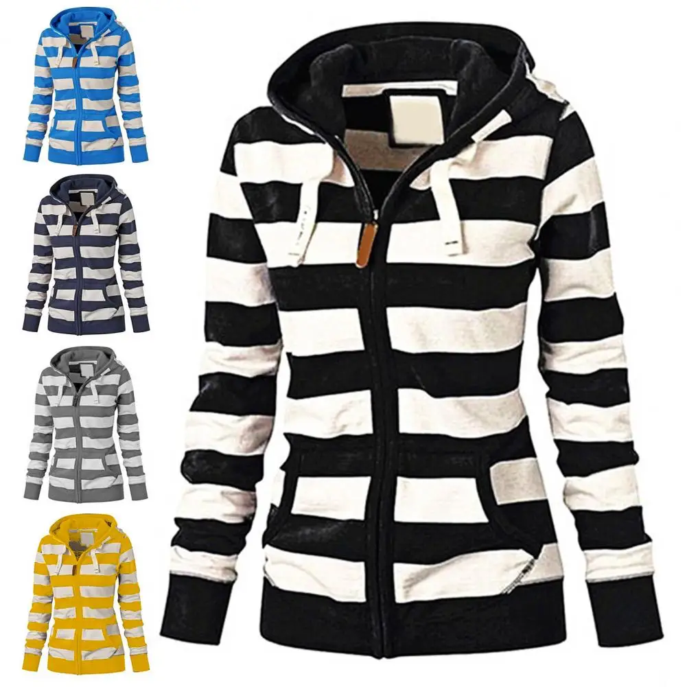 Women Sweatshirt Striped Hooded Autumn Winter Drawstring Pockets Long Sleeve Zipper Tops Hoodie for Sports