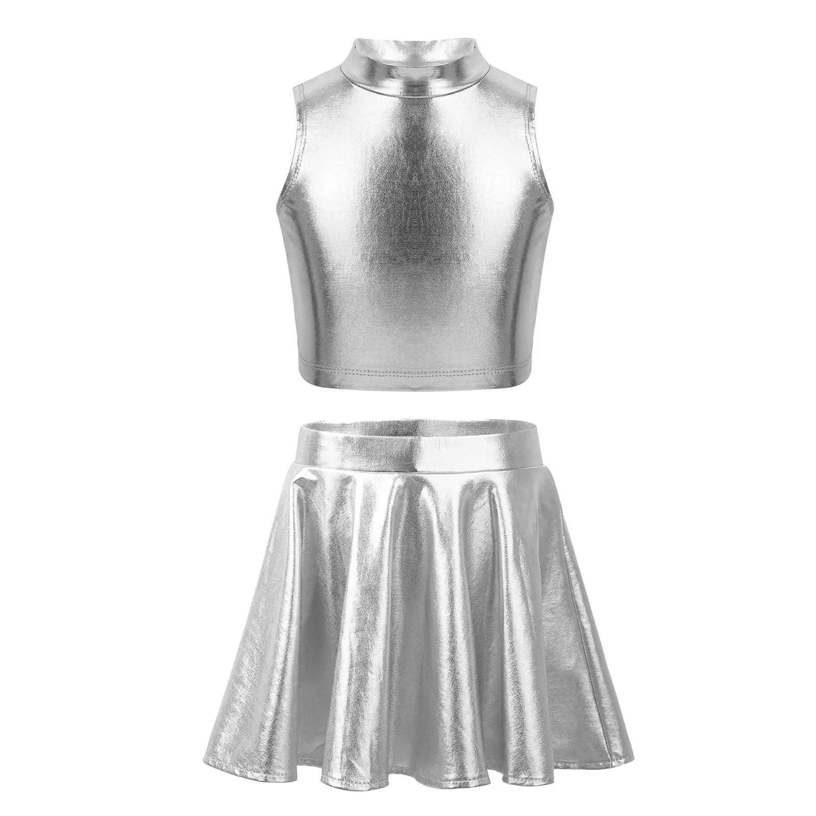 Girls Kids Metallic Jazz Dance Dress Suits Children Flared Pleated Skirt Ballroom Modern Dance Costumes with Turtleneck Tops