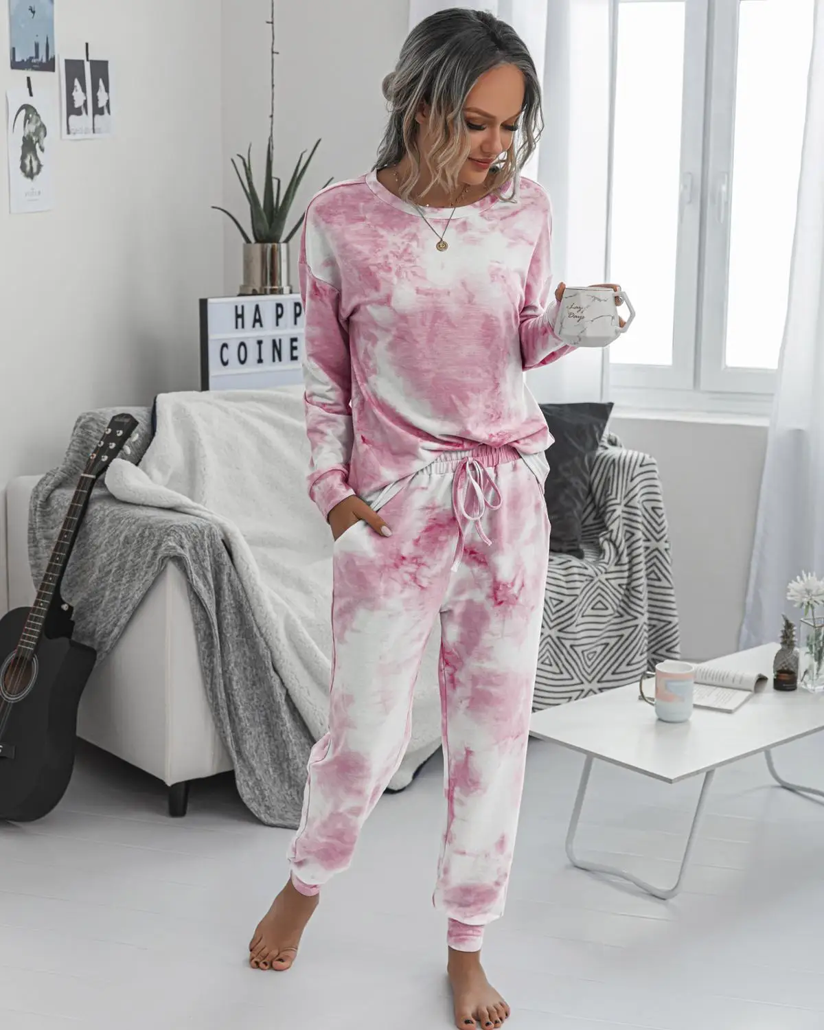 Women's Pajama Suits Casual Autumn Set Print Tie-dye Long Sleeve Shirt Tops And Loose Pants Tracksuit Two Piece Set Outfit 2020