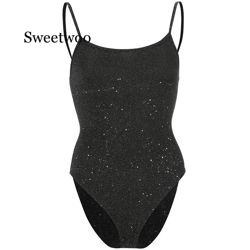 Body sem costas sexy colado com glitter, roupa feminina casual preta para festa em clube e verão 2020