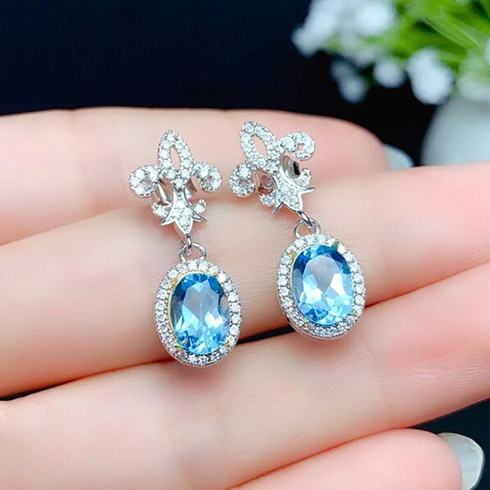 Fashion Chic Blue Crystal Aquamarine Topaz Gemstones Diamonds Drop Earrings for Women Girl White Gold Silver color Jewelry Gifts