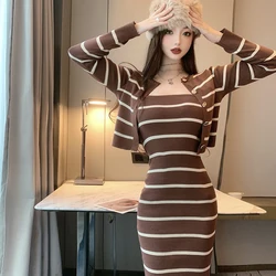 Autumn Casual Retro Wild Thin O Neck Long Sleeve Striped Cardigan Knitted Coat Crop Wrap Hip Sexy Spaghetti Strap Dress Mini