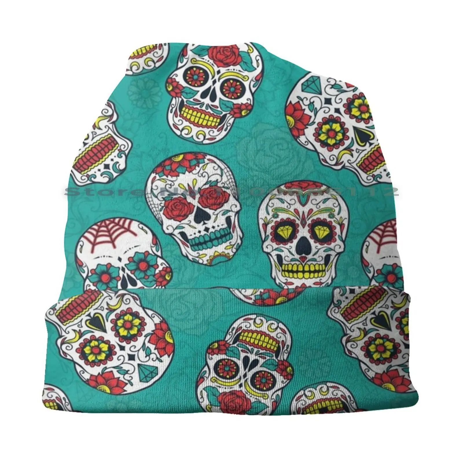 Sugar Skull Floral Teal Pattern Bucket Hat Sun Cap Tattoo Day Of The Dead Death Flowers Sugar Skull Floral Mexican Roses Black