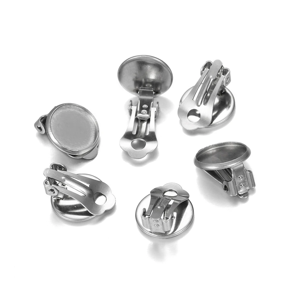 10 Stück 8–14 mm Edelstahl runde flache Ohrclip-Basis Cabochon Lünette Tablett Ohrringe Clips für DIY Schmuckherstellung Zubehör