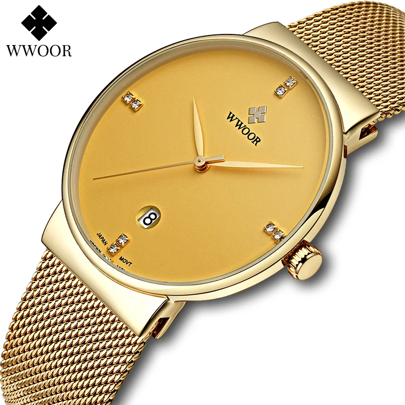 WWOOR-Reloj de pulsera minimalista para hombre, cronógrafo dorado de acero inoxidable, de lujo, de cuarzo