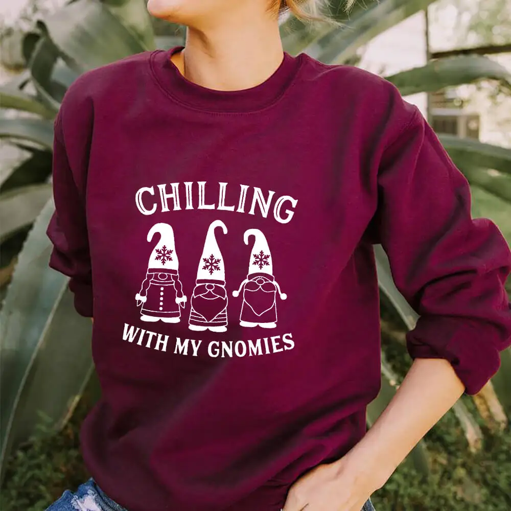 Chilling Gnomies Graphic Christmas Sweatshirt New Arrival Funny Casual 100%Cotton Long Sleeve Tops Christmas Gift Tops