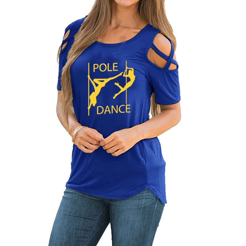 Newest Pole Dance Funny T Shirt Women\'s Sexy Dancer Printed T-Shirt  Women Short Sleeve shoulder hollow lace up Tee Tops