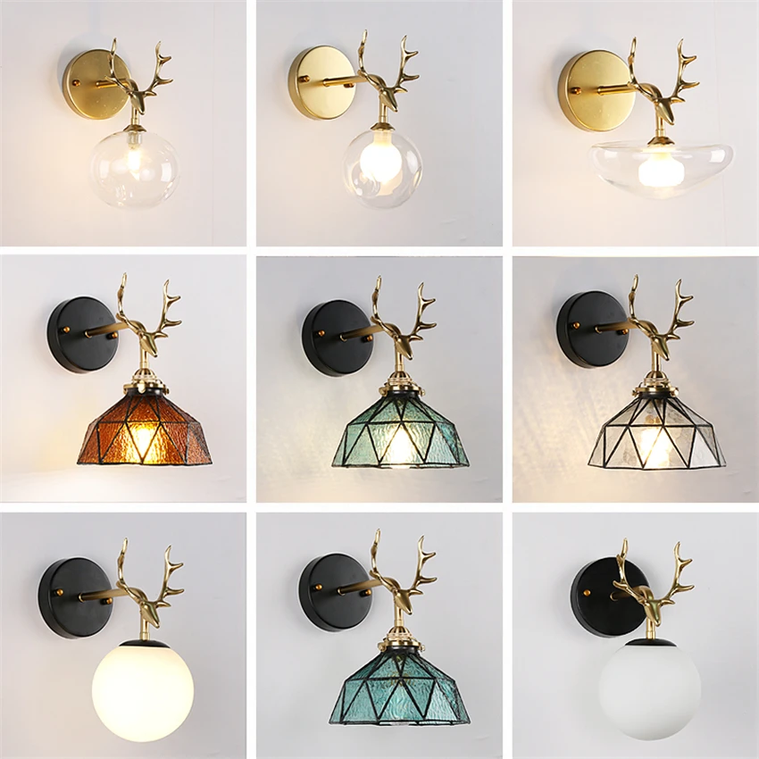 

Brass Antler Wall Lamps Bedroom Nordic Deer American Retro Sconce Wall Lights Glass Lampshade Mirror Headlights Deco Fixtures