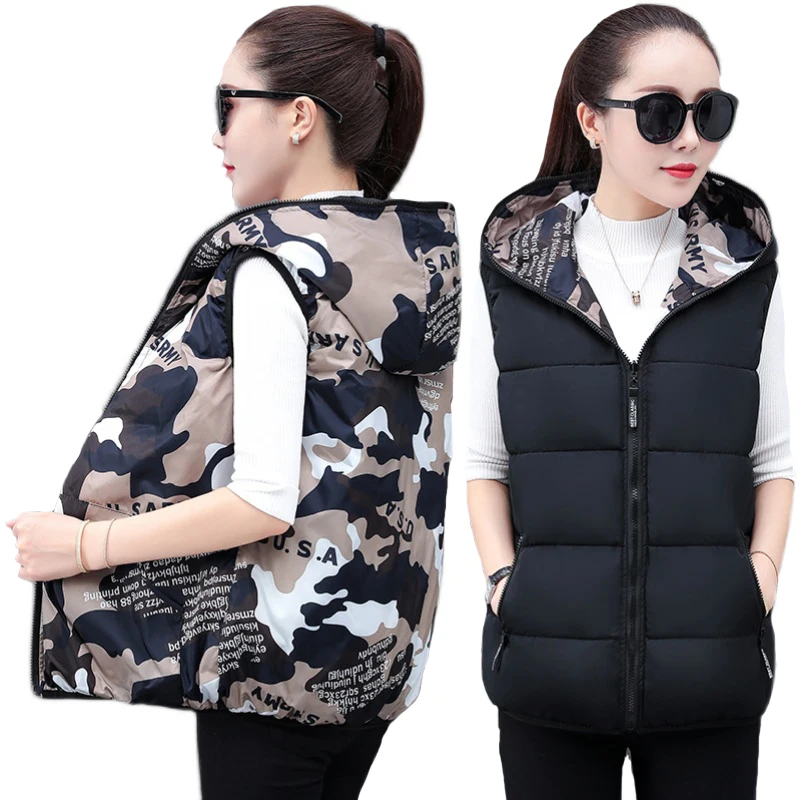 

Camouflage Vest NEW Short Loose Waistcoat Down Cotton Jacket Outside Wear Autumn Winter Double-sided Thick Hooded Vest Women