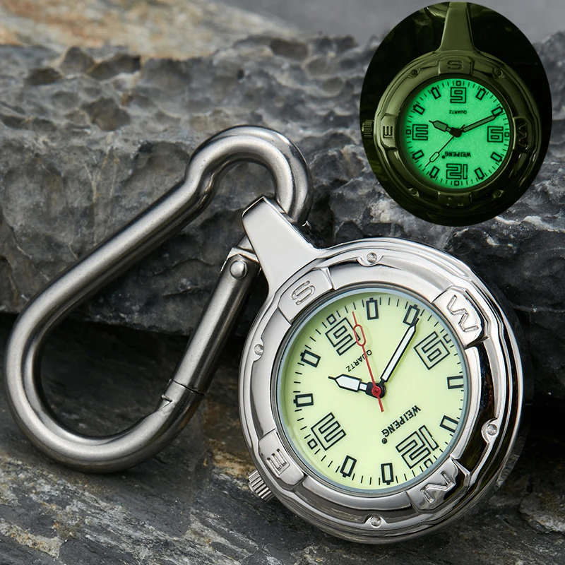 Fashion Silver Clip-On Carabiner Pocket Watch Unique Luminous Dial Quartz Watches Outdoor Sport Men Women Clock reloj de bolsill