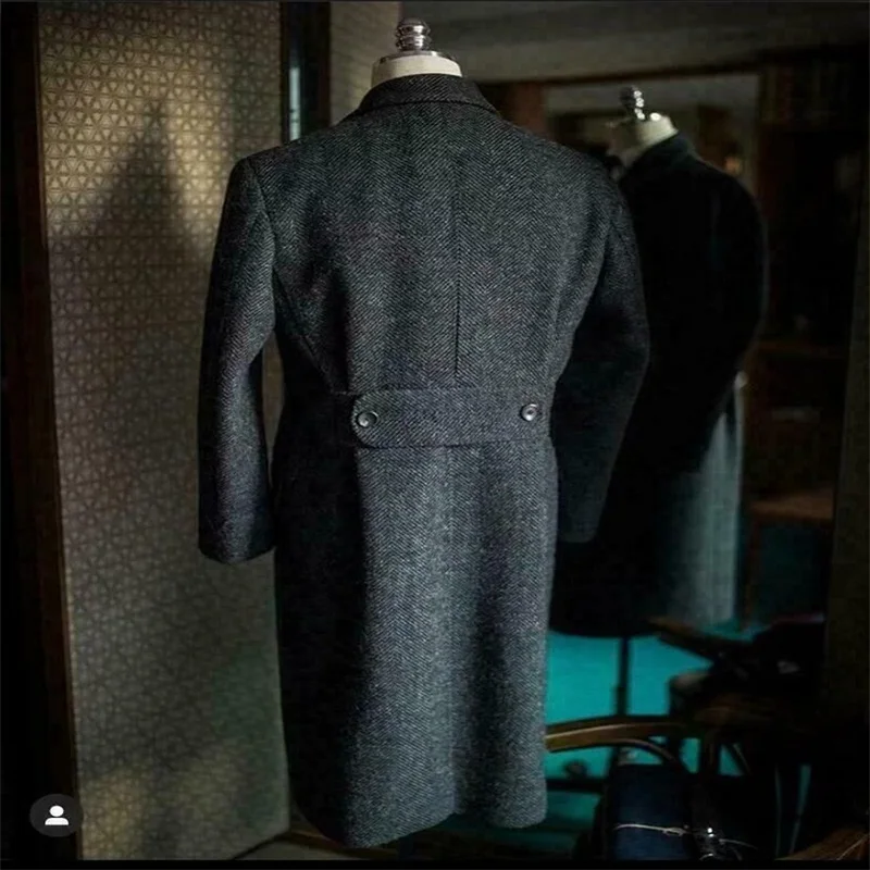 Herringbone Men Suits Black Wool Thick Fashion Custom Made Long Men Coat Winter Lapel Fashion Business Jacket Cheap