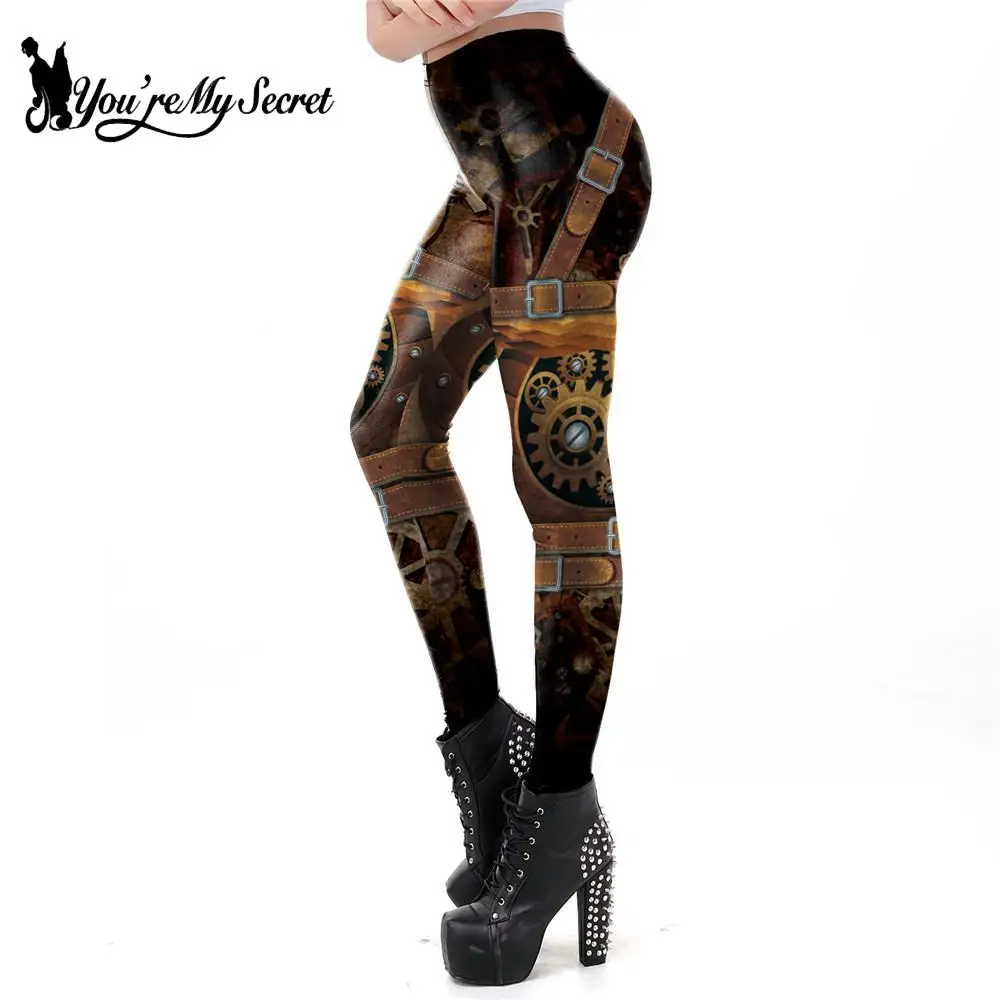 You're My Secret Women's Vintage Color Leggings, Sexy SteampunkBelt Printed Leggin Mid Waist Pants Summer Fitness Casual Trouser