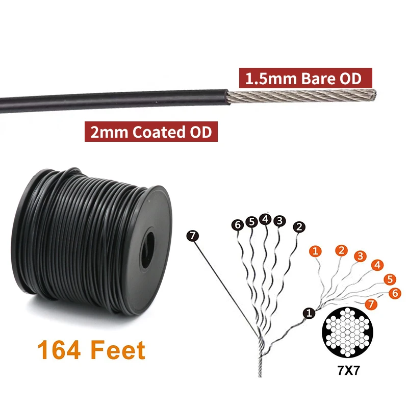 Kit Suspensi Tali Kawat Panduan Cahaya Luar Ruangan Kabel Baja Tahan Karat Berlapis Pvc Hitam Panjang 50Meter Gesper Putar dan Kait