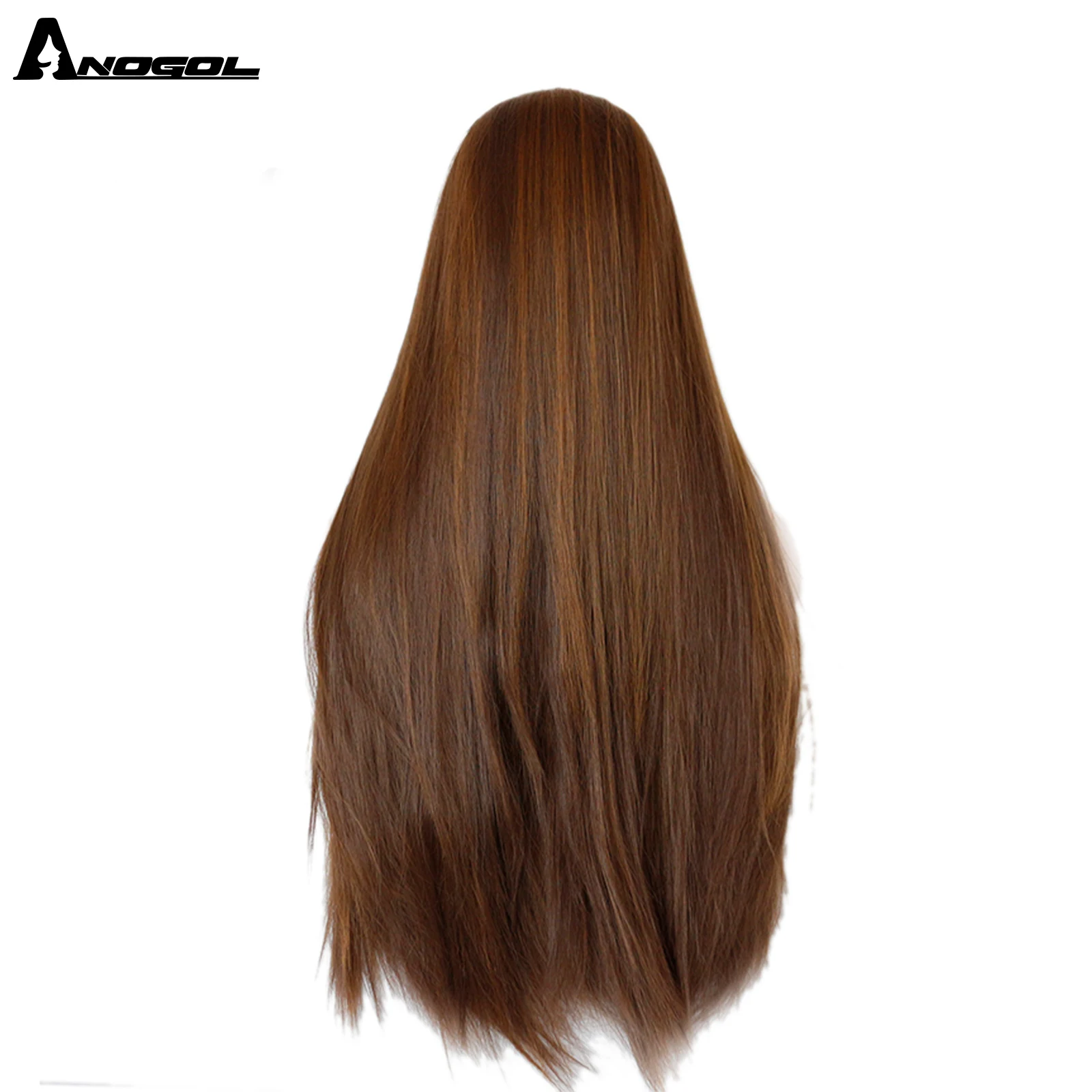 Anogol Dark Brown Lace Front Wig Natural Long Straight Glueless Synthetic High Temperature Heat Resistant Fiber Hair Women Wigs