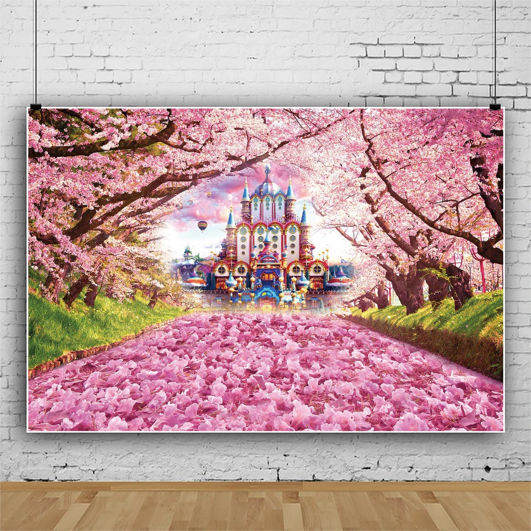 Latar Belakang Fotopanggilan Kastil Fantasi Sakura Merah Muda Laeacco Latar Belakang Fotografi Kustom Potret Baby Shower Ulang Tahun Anak Perempuan