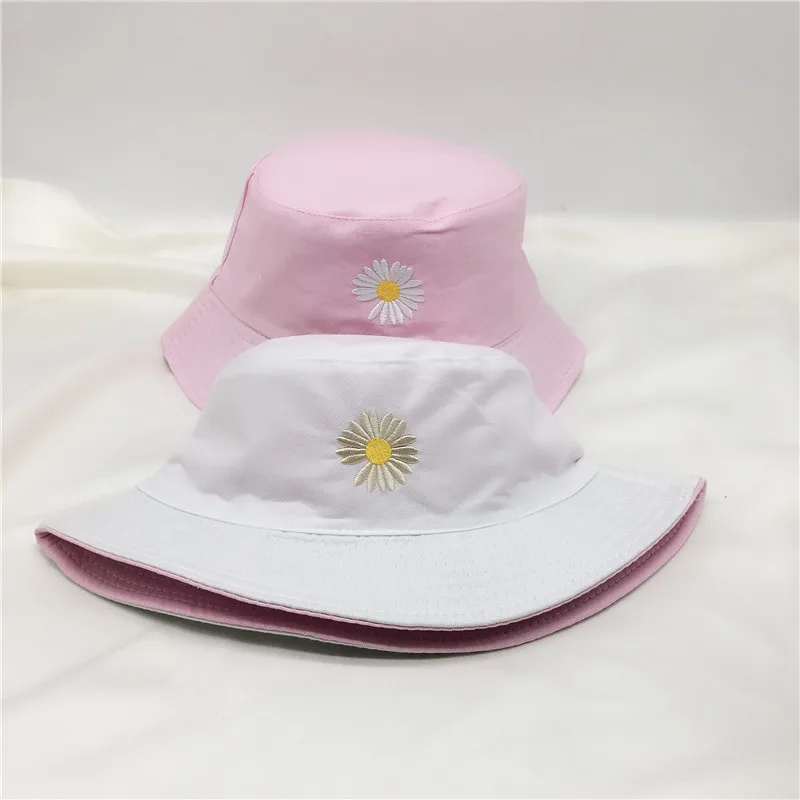 Summer Women Bucket Fishing Hats Sunscreen Sun Cap Little Daisies Embroidery Double-sided Wear Spring Lady Student Fisherman Hat