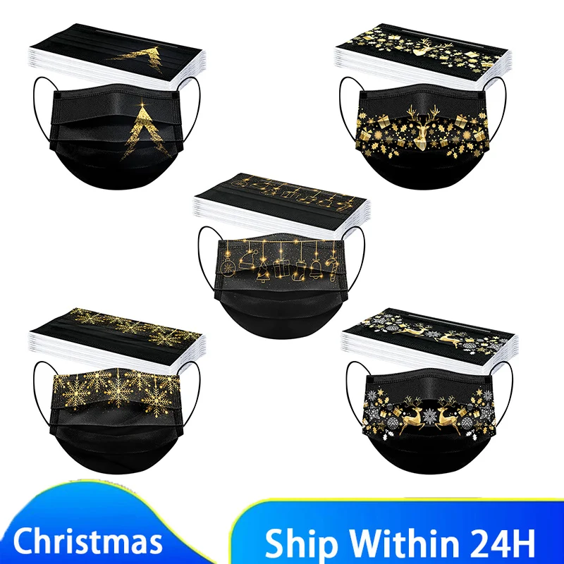 50pcs Disposable Adults Christmas Mask Gold Print Black 3 Layer Unisex Facemask Mascherine Halloween Cosplay Mascarillas Masque