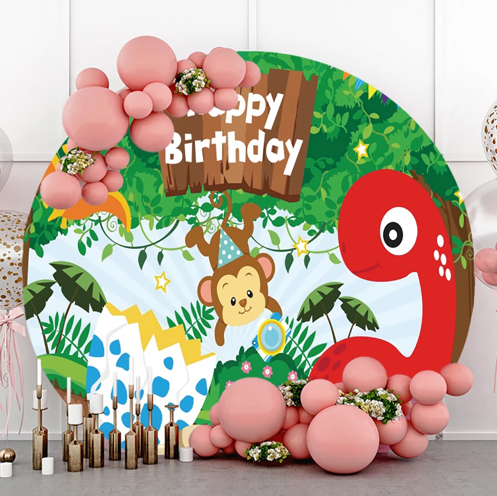 Laeacco Baby Cartoon Round Birthday Background Dinosaur Safari Party Portrait Polyester Photographic Backdrop For Photo Studio