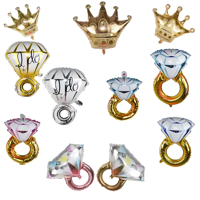 1pc Diamond Ring Foil Balloon Golden Crown Aluminum Foil Balloons for Valentine Wedding Party Arrangement Anniversary Decoration