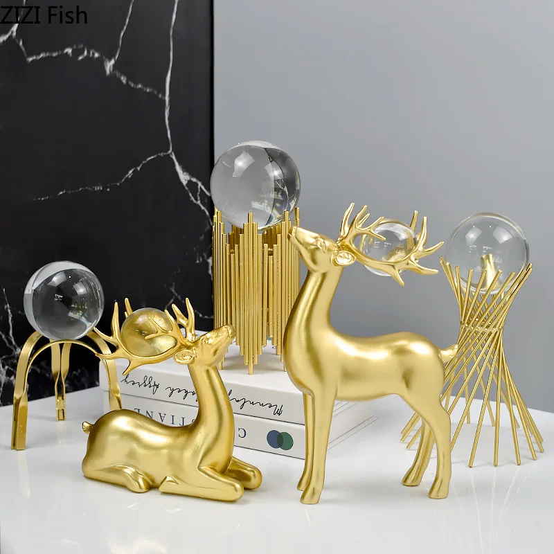 2 Pcs/set Crystal Ball Deer Decorative Statue Crafts Animal Sculpture Resins Artwork Desk Decoration Ornaments Nordic Home Decor