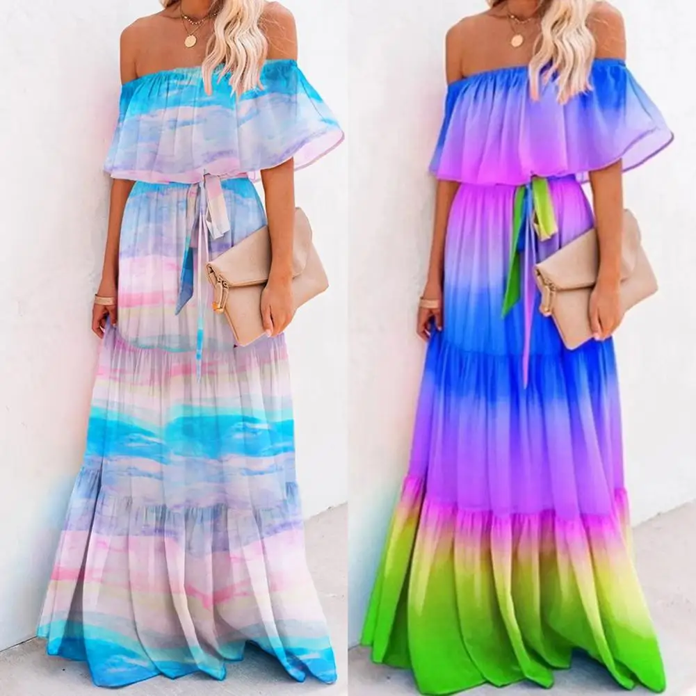 Women Off Shoulder Dress Sexy Strapless High Waist Rainbow Gradient Color Floral Print Large Hem Belt Maxi Dress платье женское