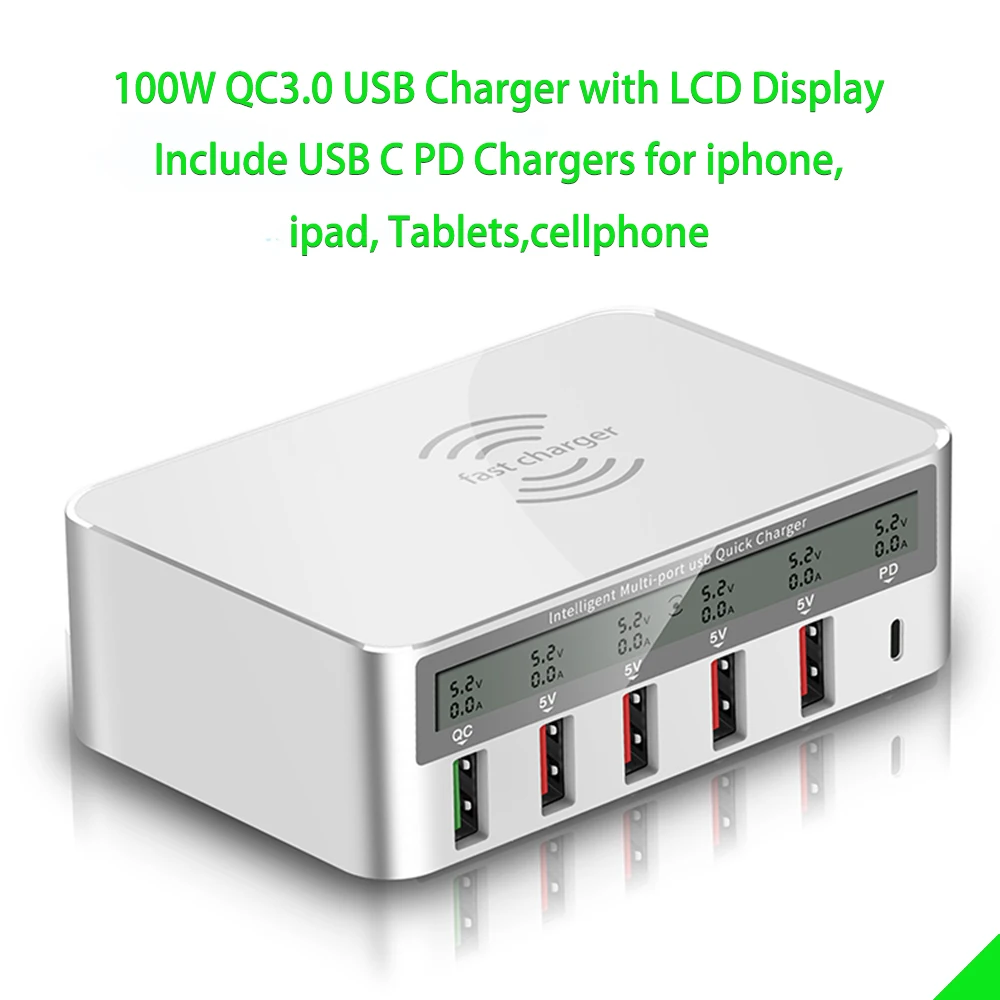 Caricabatterie USB da 100W QC3.0 PD caricabatterie LCD intelligente a ricarica rapida caricabatterie Wireless veloce per iphone8 X Samsung Xiaomi