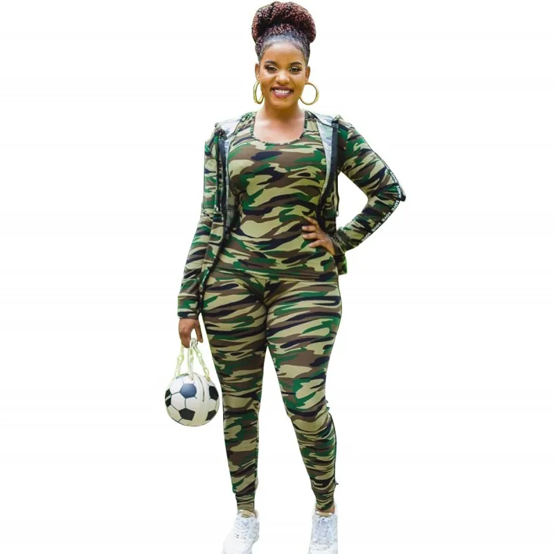 Camouflage Tracksuit Women\'s Sets Zipper Hooded Jacket Tops With Tank And Skinny Pants Suit Fashion Autumn Sportswear lounge Set