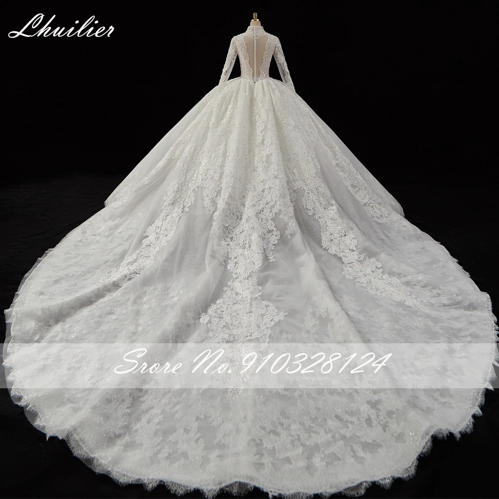 Lhuilier Customized Ball Gown V-neck Lace Wedding Dresses Floor Length Long Sleeves Pearls Beaded Cathedral Train Bridal Dresses