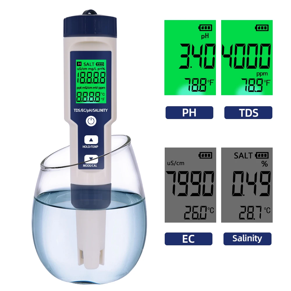 Professional 5 In 1 TDS/PH/EC/Temp /Salinity Meter Water Quality Monitor Tester for Pools Drinking Water Aquariums