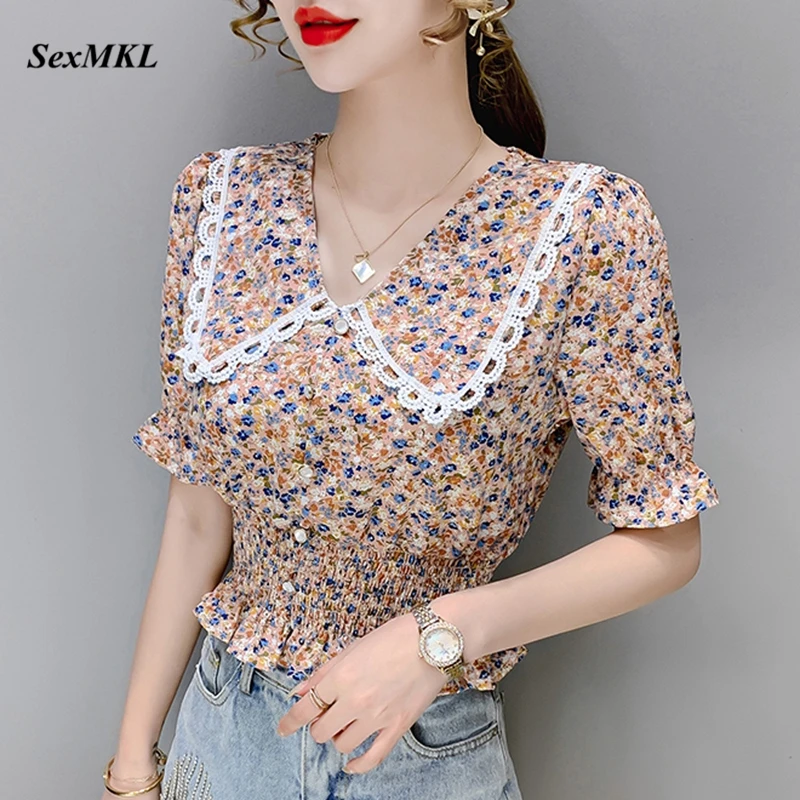 

Summer Vintage Puff Sleeve Top Women 2022 Fashion Floral Printed Slim Corset Blouse Elegant Korean French Gothic Casual Blouses