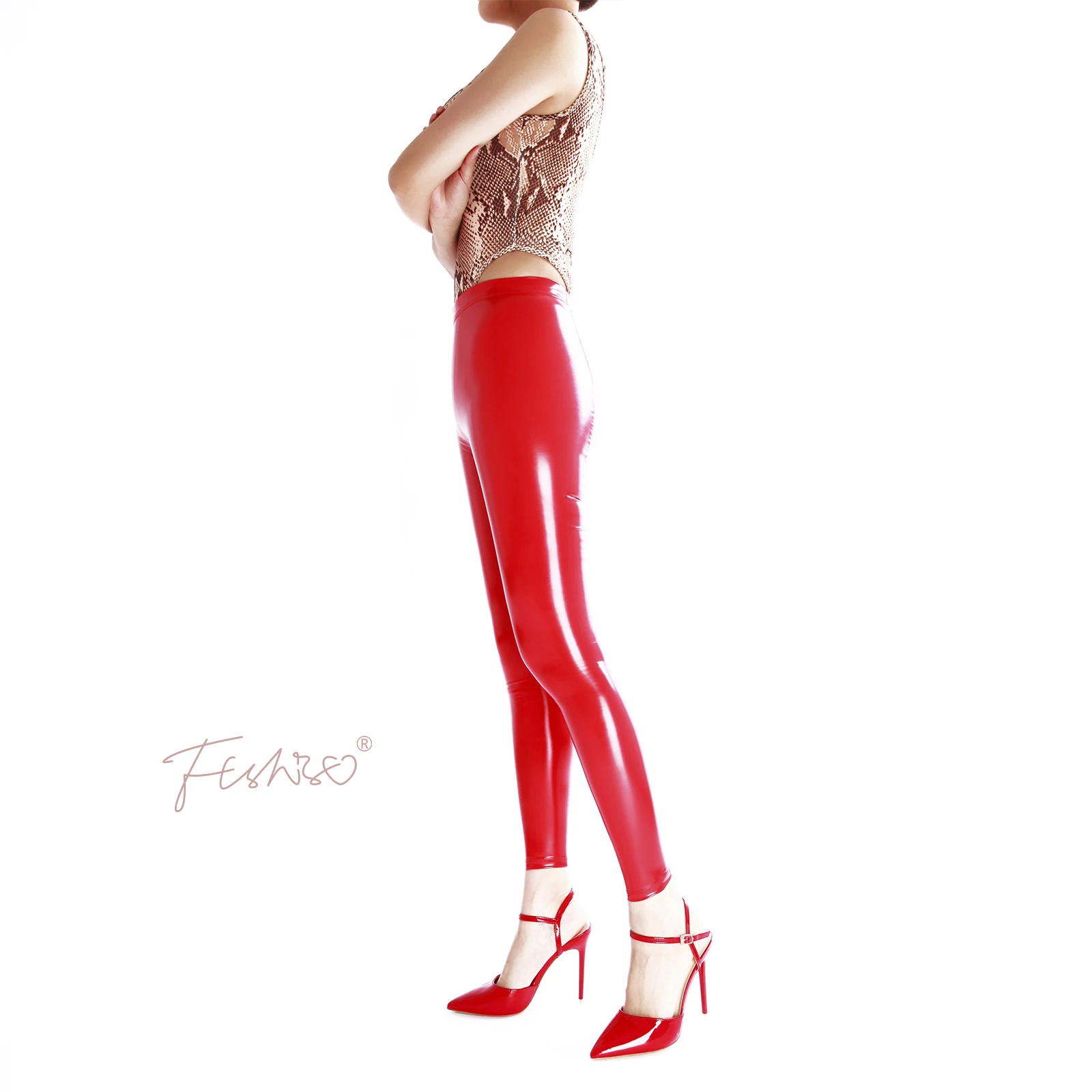 Ftshist Women Shiny Faux Leather Tight Pants Sexy Metallic Color High Elastic Patent Leather Legging High Waist Wetlook Trousers