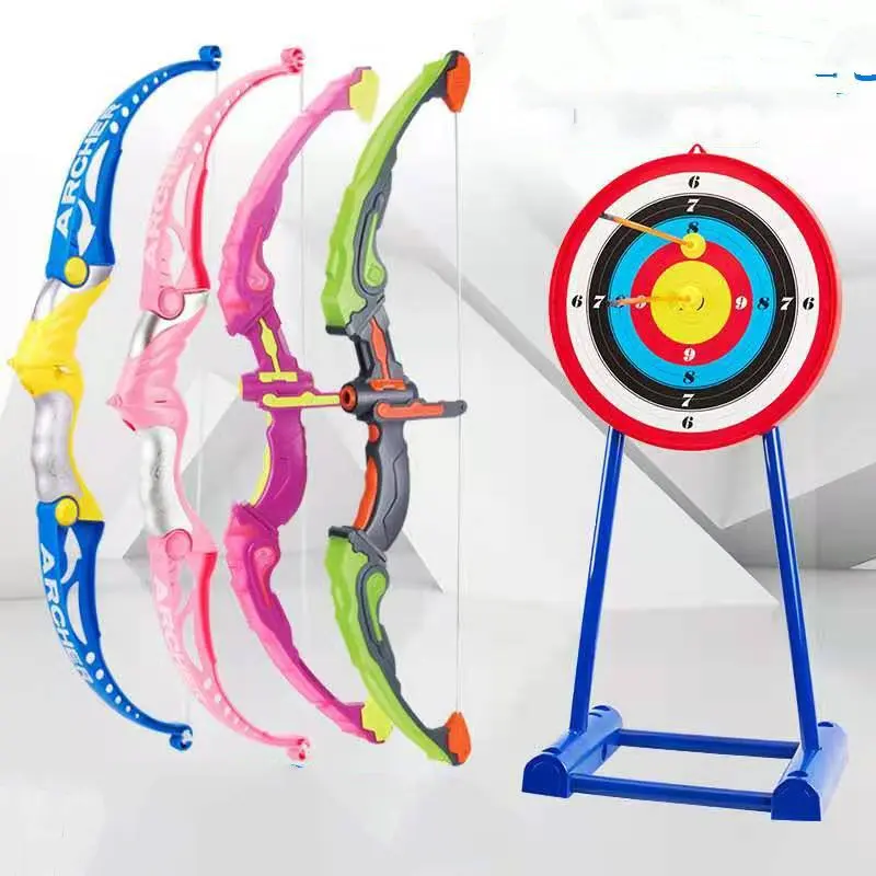 Dropshopping 62cm crianças menino menina esportes ao ar livre indoor diversão brinquedos 5-10m piscando tiro espada arco seta estilingue conjunto de luz