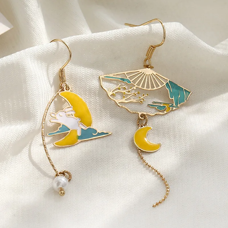 Chinese Style Folding Fan Crane Carp Lotus Asymmetrical Long Tassel Dangle National Style Earrings for Women Jewelry Gift