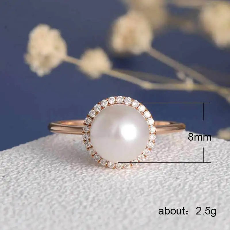 Fashion Zircon Rose Gold Plated Pearl Ring Charm Lady Ring Elegant Girl Jewelry Cocktail Ring Birthday Gift Size Us6-10