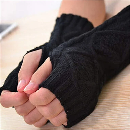 Women Combing Fine Wool Cable Fingerless Gloves Thick Soft Knitted Woolen Arm Warmers Thumb-hole Arm Sleeve Autumn Winter