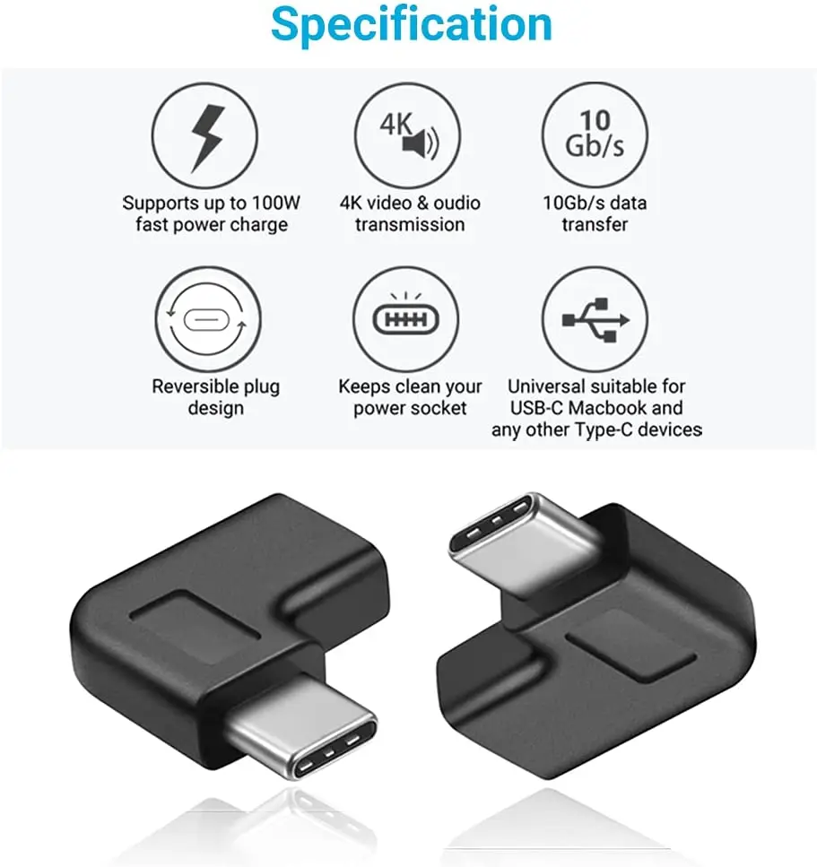 노트북 태블릿 모바일용 USB C 직각 어댑터, 수-암 컨버터 확장, 90 도, 2 팩