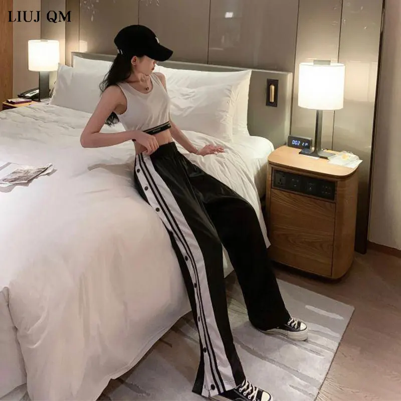 2024 Women Joggers Sweatpants Casual Wide Leg Pants Women Stripe Hip Hop Sweat Pants Streetwear Women Button Trousers Vintage