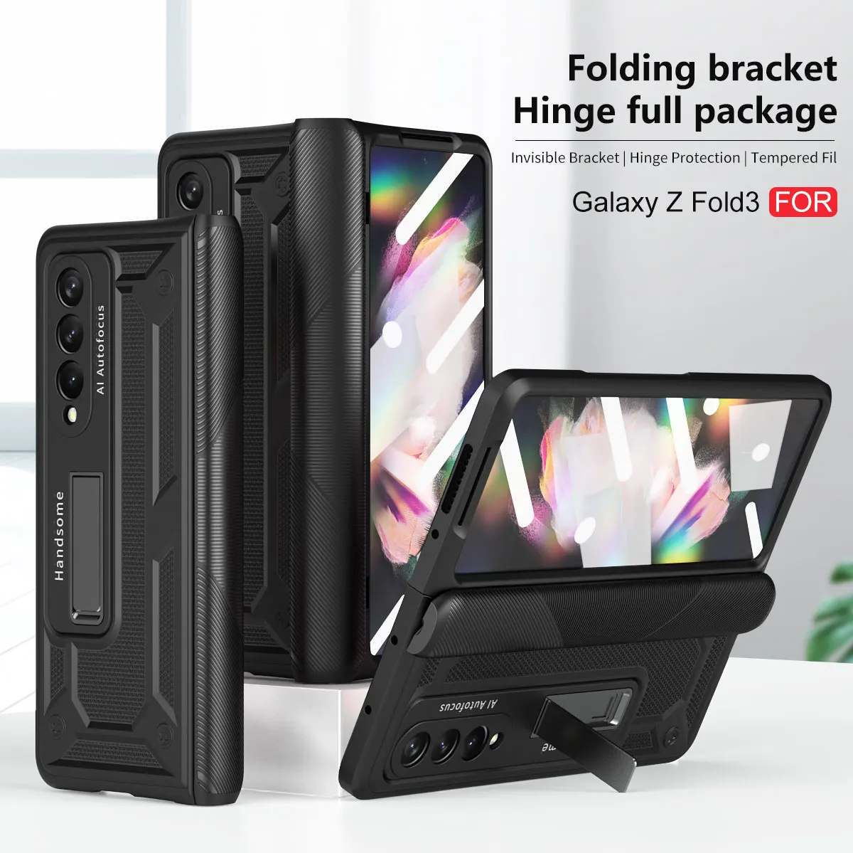 

360 Hinge Full Protection Case For Samsung Galaxy Z Fold 3 With Front Screen Glass Film Full Protection Cover Case And Stand