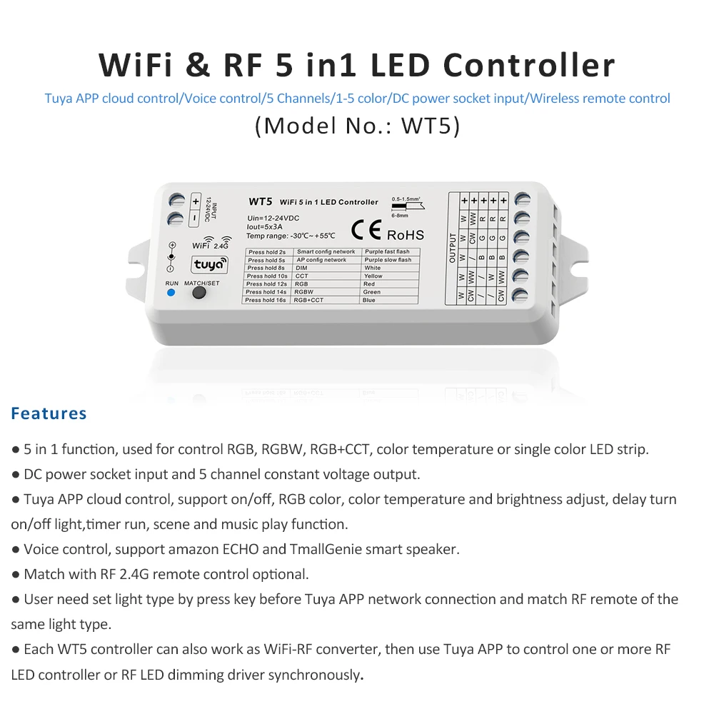 Tuya LED Controller 5 in 1 Dimmer CCT RGB RGBW RGBWW RGBCCT Strip Smart Life Wifi 2.4G RF Wireless Remote Controller 12V 24V WT5