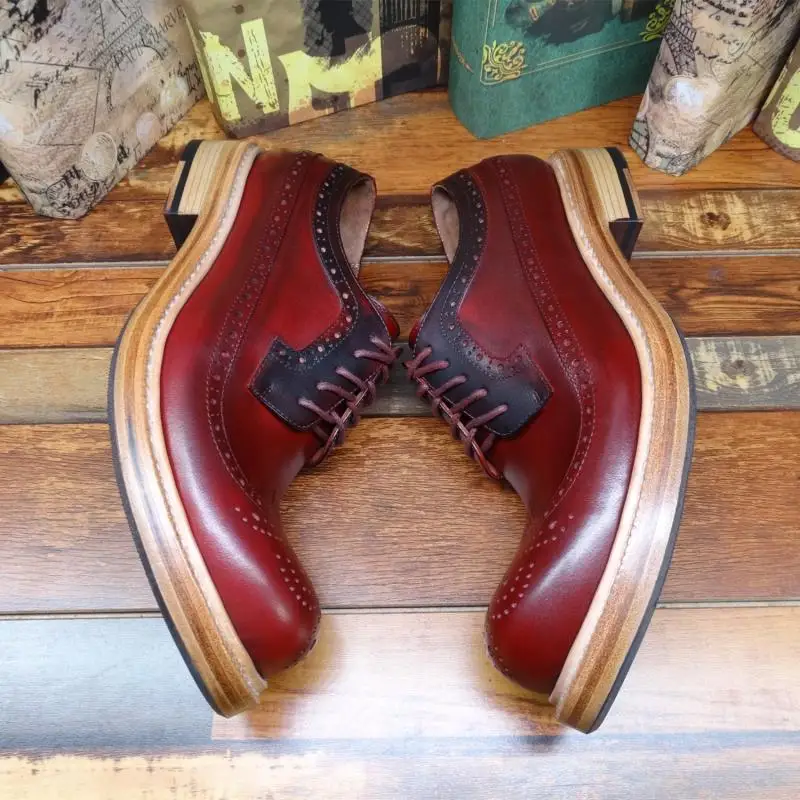 Vintage Carved Round Toe Genuine Leather Dress Shoes Mens Distressed Lace Up Cowhide Shoes Wine Red Color Black Luxury Brand
