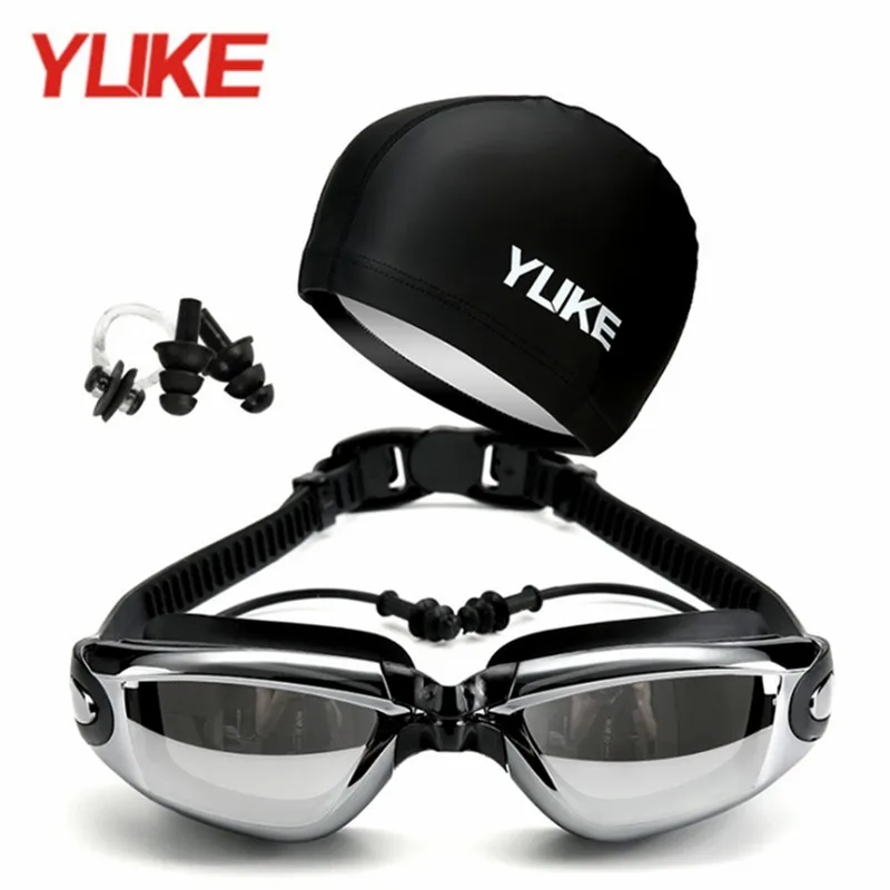 Yuke Waterproof PU Swim Cap Fabric Protect Ears Swim Pool Hat Shark Swimming Cap for Men Women Swimming Goggles Bag Earplugs Set