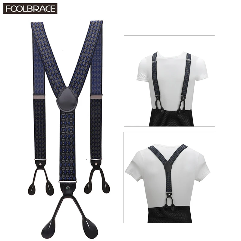 1.38" Width Adult Button Suspenders Black Real Leather Suspenders Y-back Shape Man Ligas Tirantes Stretch Hangeband 3.5*120cm