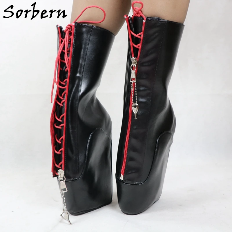 Sorbern Calf Ballet Wedge Boot Women Large Size 44 Zip Lockable Hoof Heelless Pinup Brown Matte Shoes Unisex Fetish Heels New