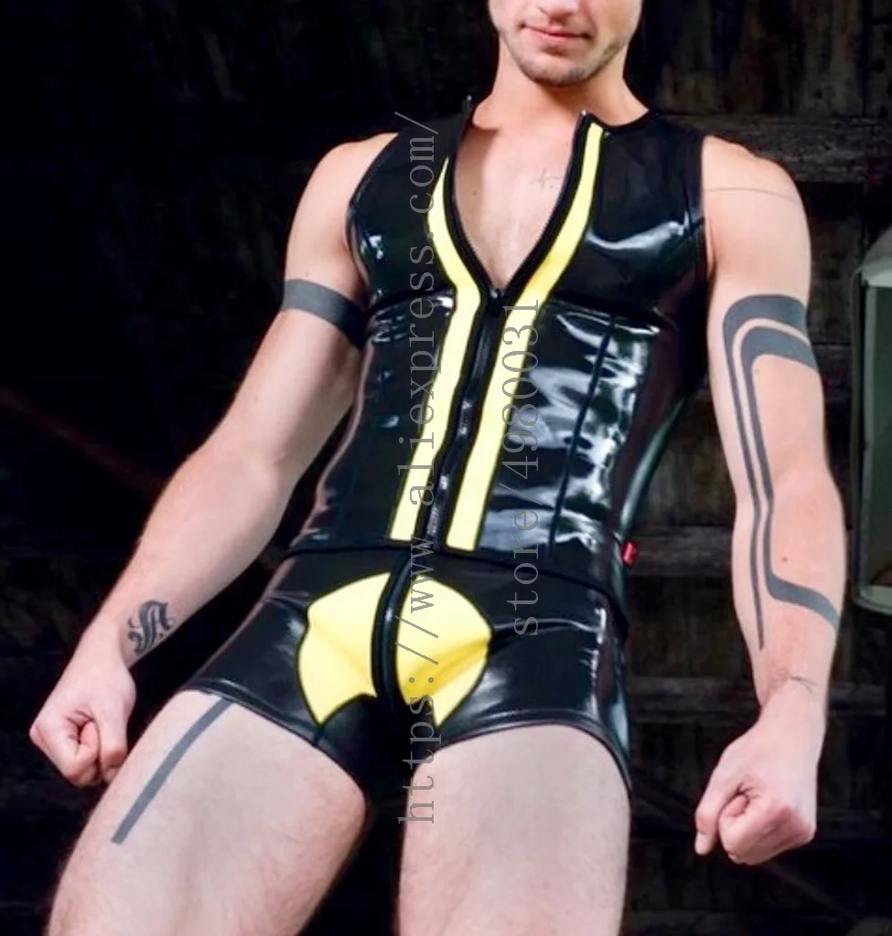 Novelty men\'s latex suit including tight vest and shorts in black with yellow trim colors