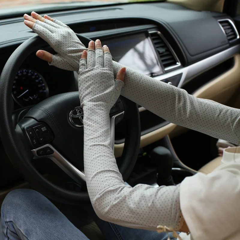 Guantes de algodón con protección solar para mujer, manguitos finos de medio dedo, mangas largas, transpirables, antideslizantes, protectores de