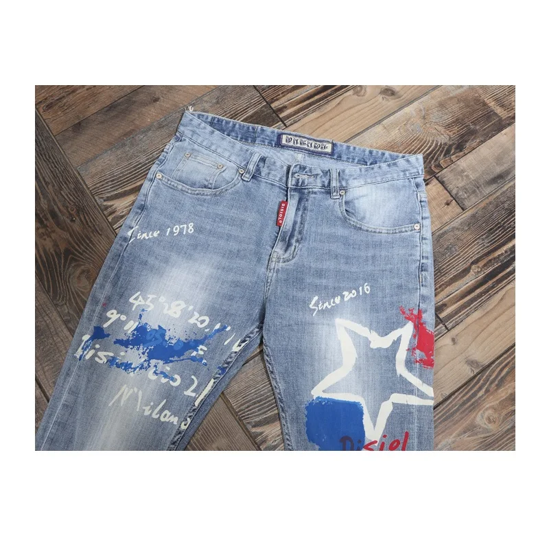 Fashion Printed Light Blue Jeans Men Streetwear Casual Straight Slim Fit Pants Cotton Denim Trousers
