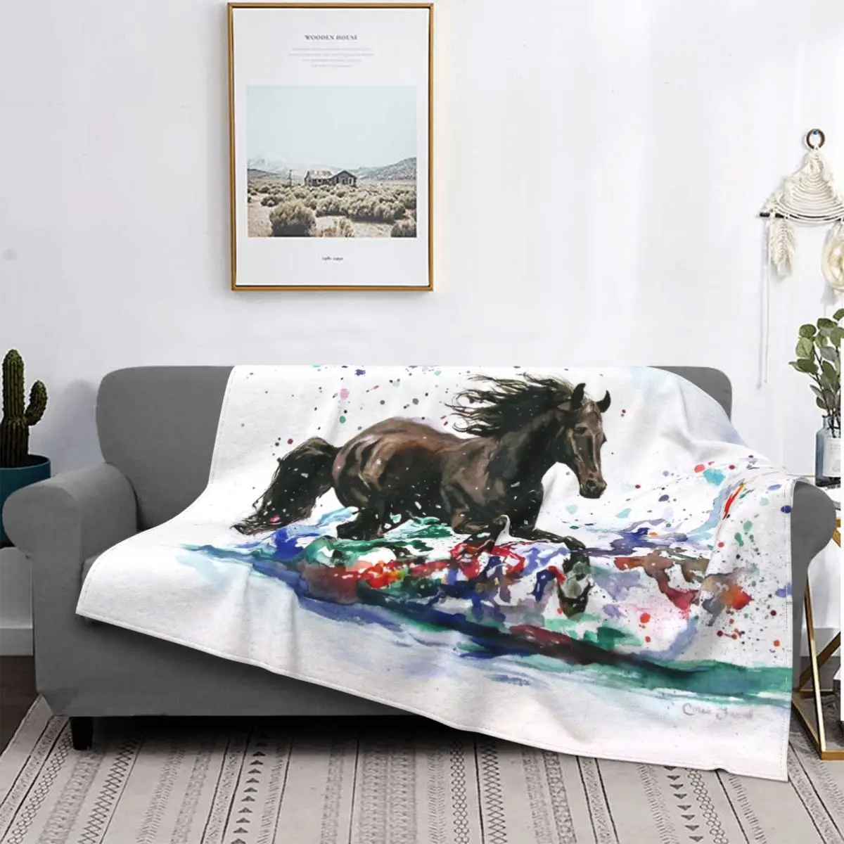 Watercolor Horse Painting Blanket Galloping Animal Lovers Plush Throw Blanket Bedroom Sofa Portable Soft Warm Bedspreads