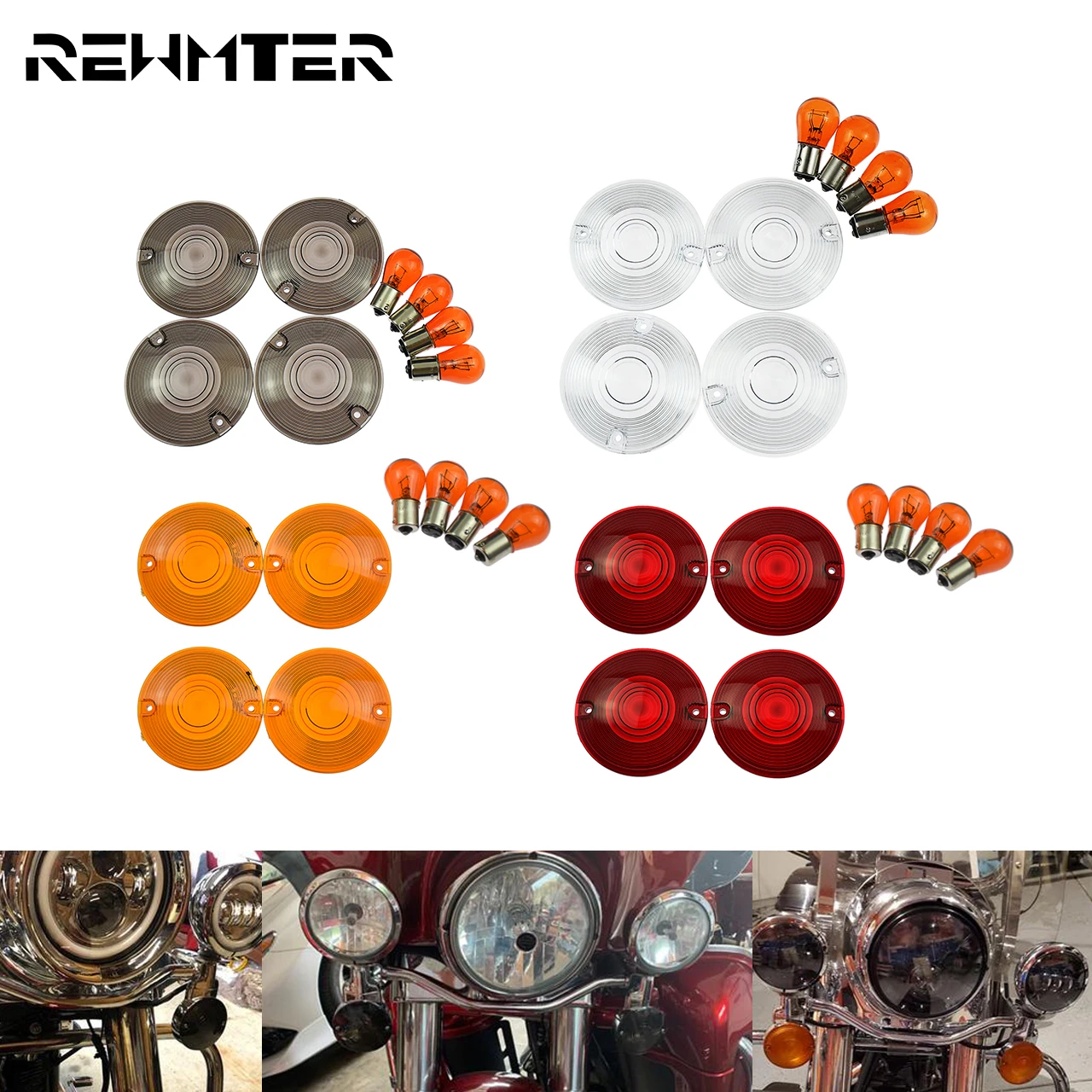 

Motorcycle Turn Signal Lens Cover +Amber Bulbs 4pcs Smoke/Clear/Orange For Harley Touring Electra Glide Road King Softail FLHT